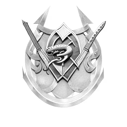 shield with swords and snakes tattoo design idea