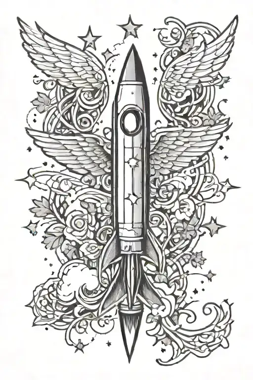 A rocket, stars, thin lines of smoke, angel wings, vines, and X's tattoo design idea