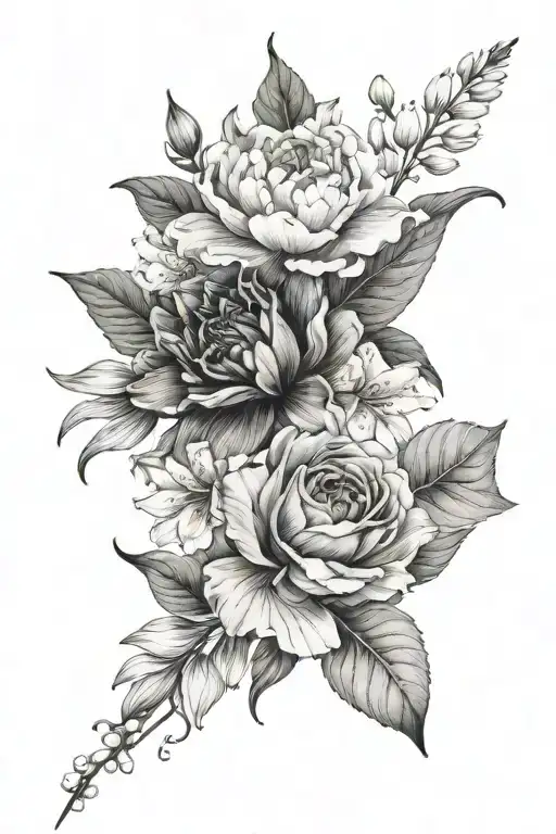 A black and gray tattoo flower collage with one peony, one morning glory, one gladiolus, one lily of the valley, one ros tattoo design idea