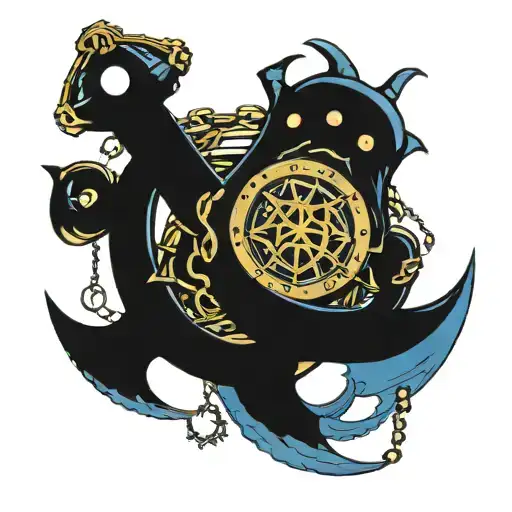 blue cthulu wrapped his arms to an anchor from the deep sea reaching to surface with ship wheel and chains  tattoo design idea