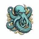 blue cthulu wrapped his arms to an anchor  tattoo design idea