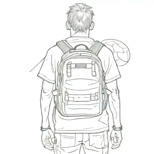 boy from back with small backpack  and his head is turned up to looked at sky  tattoo design idea