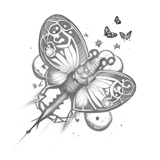 the text "Rock n' Roll" with small stars And butterflies around. the words Are underneath each other And Its y2k style tattoo design idea