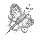 the text "Rock n' Roll" with small stars And butterflies around. the words Are underneath each other And Its y2k style tattoo design idea