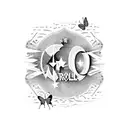 the text "Rock n' Roll" with small stars And butterflies around. the words Are underneath each other And Its y2k style tattoo design idea