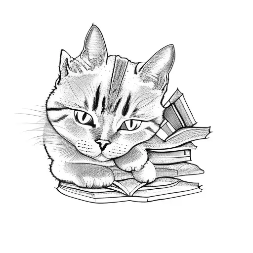A stack of books with a cat curled up on top tattoo design idea