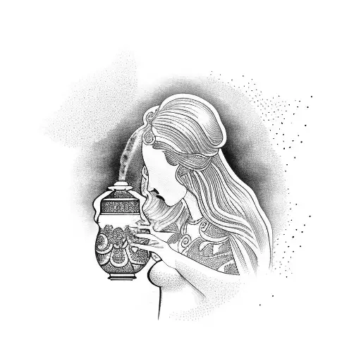 A Greek goddess pouring water from an amphora in a dotwork style tattoo design idea