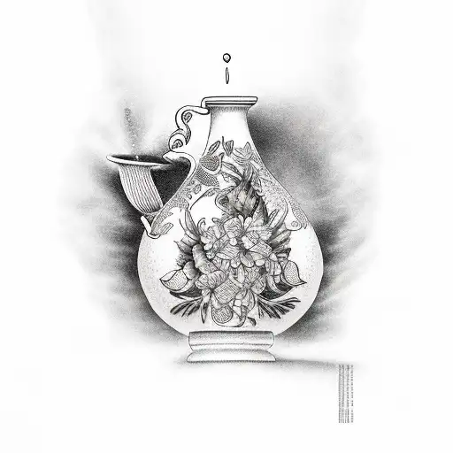 A Greek goddess pouring water from an amphora in a dotwork style tattoo design idea