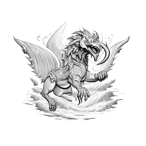 A fierce and majestic Chimera battling a Typhon in a mythical landscape tattoo design idea