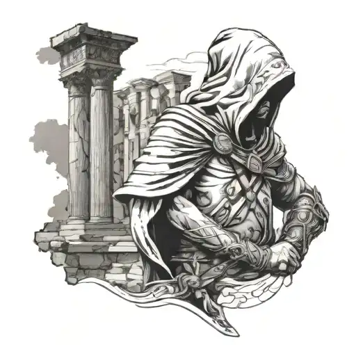An Assassin's Creed character exploring ancient Greek ruins with philosophical quotes incorporated into the design tattoo design idea