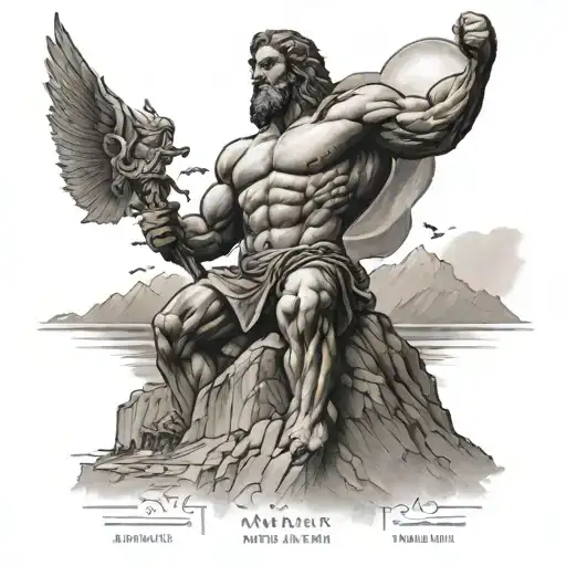 The Atlas titan holding up a mountain, with a quote from stoic philosophy about perseverance tattoo design idea
