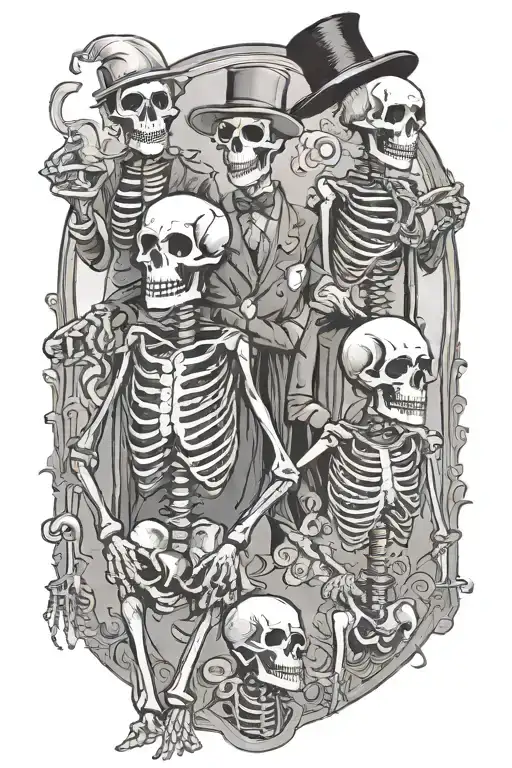 vintage cartoon skeletons living normal life, some dressed in suits, some in dresses. Different time eras.  tattoo design idea
