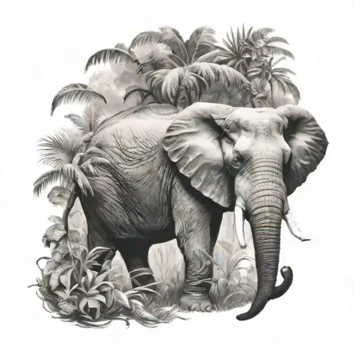 fromt facing elephant in a jungle realism tattoo design idea