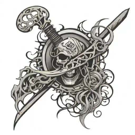 epilepsy symbols integrated within the scythe of chaos in the hands of a undaed high pirest of the order epilepsy tattoo design idea