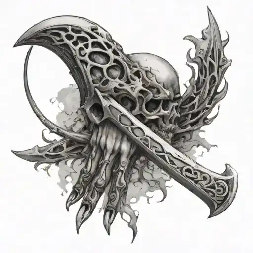 epilepsi integrated within the scythe of chaos in the hands of a undaed high pirest of the order epilepsi tattoo design idea