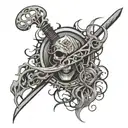 epilepsy symbols integrated within the scythe of chaos in the hands of a undaed high pirest of the order epilepsy tattoo design idea