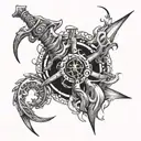 epilepsy symbols integrated within the scythe of chaos in the hands of a undaed high pirest of the order epilepsy tattoo design idea