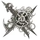 epilepsy symbols integrated within the scythe of chaos in the hands of a undaed high pirest of the order epilepsy tattoo design idea