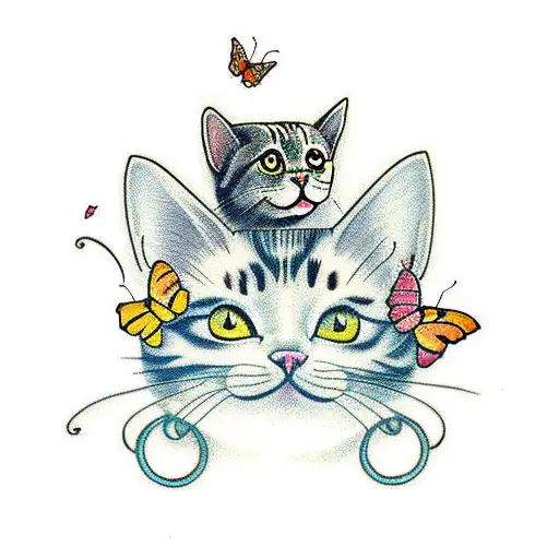 cat chasing butterflies tattoo design idea