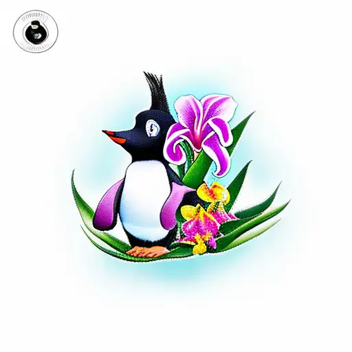 pingüino con orquidea tattoo design idea
