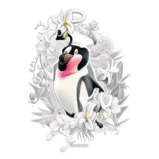 pingüino con orquidea tattoo design idea