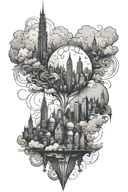 city in clouds fading with broken glass tattoo design idea