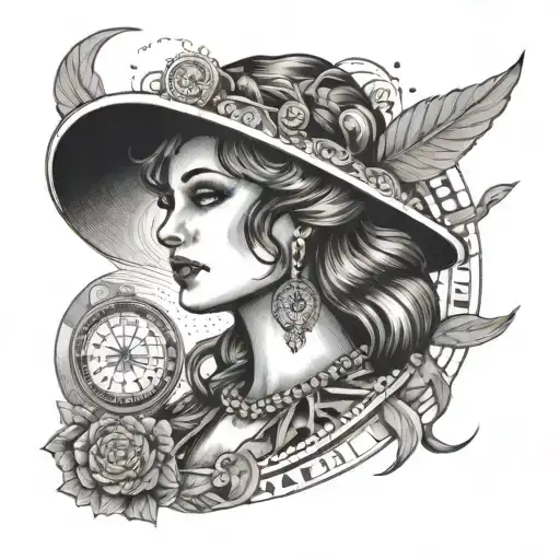 A woman with a roulette wheel as a halo tattoo design idea