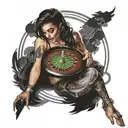 A woman with a roulette wheel as a halo tattoo design idea