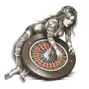 A woman with a roulette wheel as a halo tattoo design idea