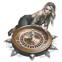 A woman with a roulette wheel as a halo tattoo design idea