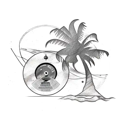 A sketch-style tattoo of a palm tree with a vinyl record as its trunk, symbolizing the client's love for music and the beach. tattoo design idea