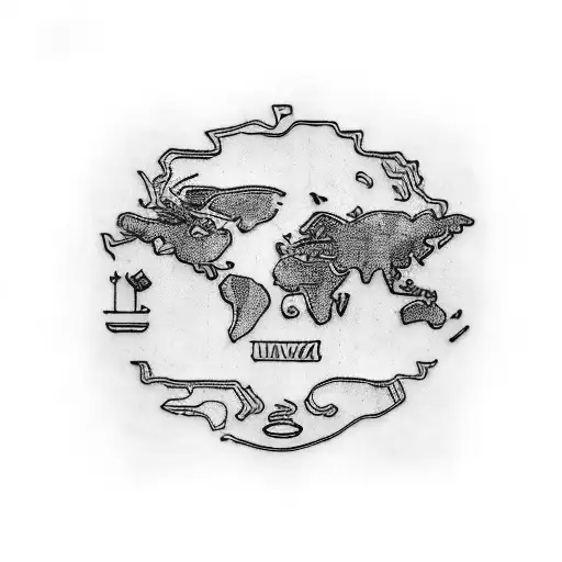 A blackwork tattoo of a map with musical notes and food icons marking the client's favorite travel destinations and culinary experiences. tattoo design idea