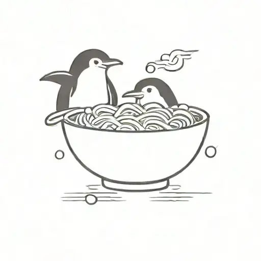 A bowl of ramen with penguins floating in the broth, combining your love for ramen and penguins tattoo design idea