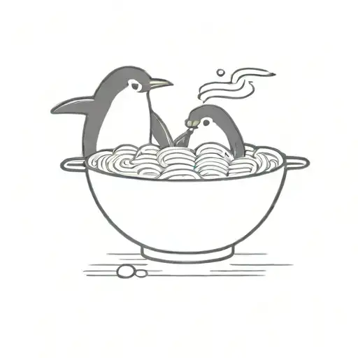A bowl of ramen with penguins floating in the broth, combining your love for ramen and penguins tattoo design idea