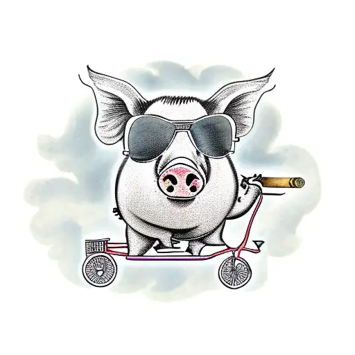 Pig with sunglasses riding a bike while smoking a cigar tattoo design idea