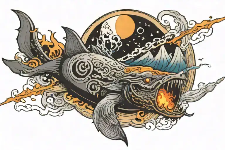 Scene with coursing rive, a great typhoon, And a raging fire, and the dark side of the moon tattoo design idea