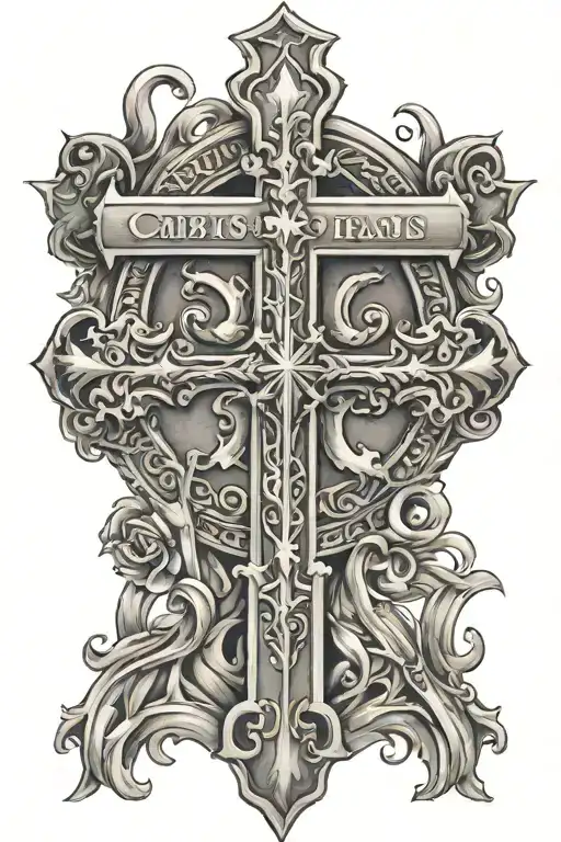 cross and words christus dominus est temporarius et gloria tattoo design idea