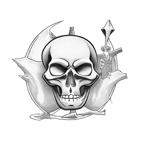 black and white 70s style cartoon skeletons in a graveyard  tattoo design idea