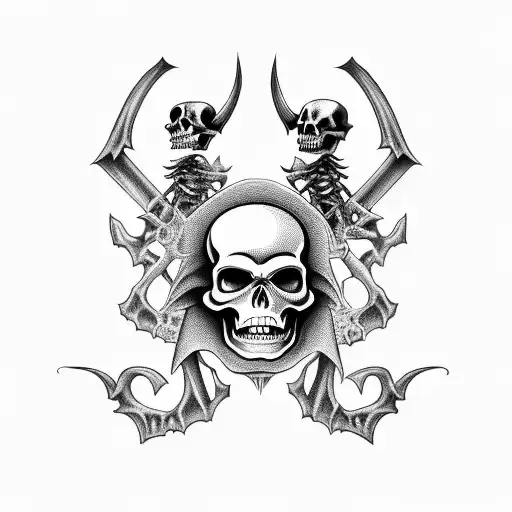 black and white 70s satanic style cartoon skeletons in a graveyard but several skeletons less shaded and different style tattoo design idea