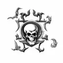 black and white 70s satanic style cartoon skeletons in a graveyard but several skeletons  tattoo design idea