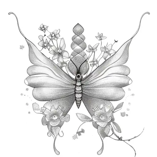 Butterfly opens with elbow, greenery  sleeve, blossoms, sparkles, fine line tattoo design idea