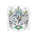 Create Tattoo use black ink from number seventh high card of clover, spade, diamond and heart become one, create it in c tattoo design idea