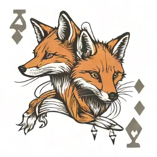 Small minimal fox sitting on a square background, accented by calligraphy brush strokes, with 4 large Aces playing cards tattoo design idea