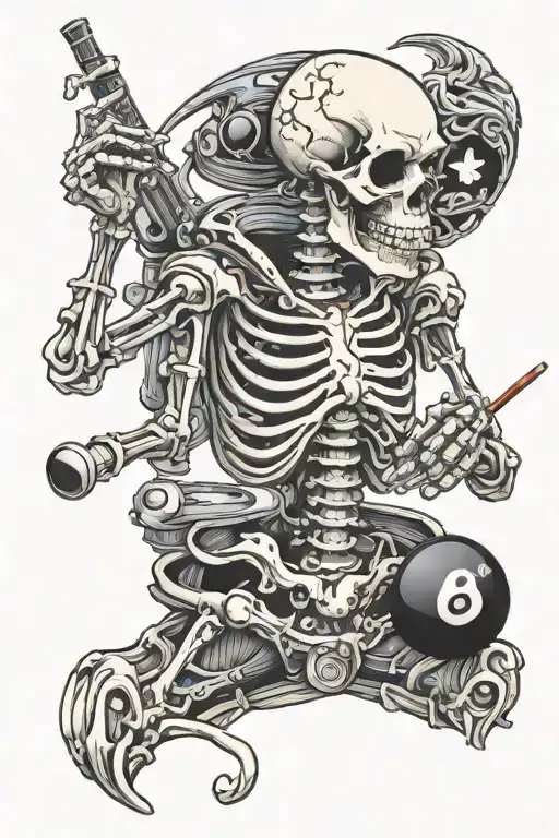 Japan Billards Space Skeleton smoking a cigarette 8Ball Pool tattoo design idea