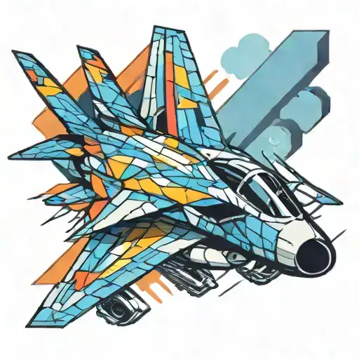 A new-school design of a fighter jet breaking the sound barrier, with colorful geometric patterns representing speed and precision tattoo design idea