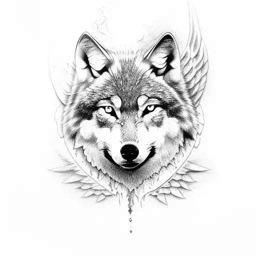 wolf head front on, in etching tattoo style with angel wings behind  tattoo design idea