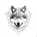 half wolf head front on, in etching tattoo style with angel wings behind  tattoo design idea