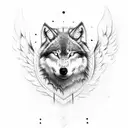 half wolf head front on, in etching tattoo style with angel wings behind  tattoo design idea
