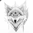 half wolf head front on, in etching tattoo style with angel wings behind  tattoo design idea