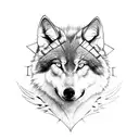 half wolf head front on, in etching tattoo style with angel wings behind  tattoo design idea